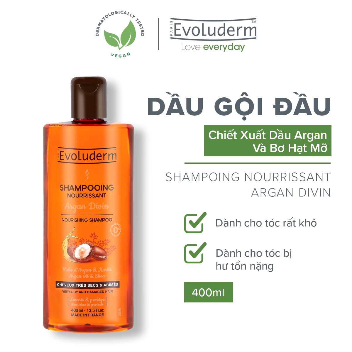 Dầu gội dành cho tóc rất khô và bị hư tổn Evoluderm chiết xuất Tinh dầu Argan và Bơ Hạt Mỡ Evoluderm Shampoing Nourrissant Argan Divin 400ml