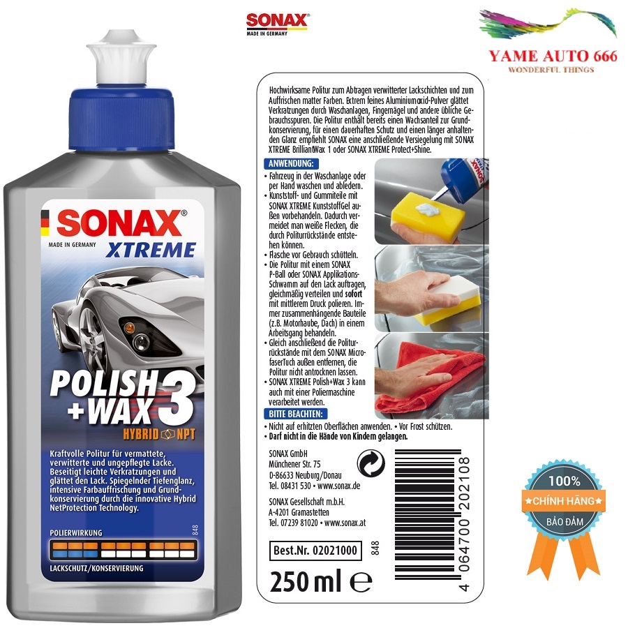 [HCM]Dung Dịch Đánh Bóng - Xóa Xước - Bảo Vệ Sơn Xe Ô tô Sonax Xtreme Polish And Wax 3 (250ml) 202100. Làm nổi bật màu sắc của sơn sáng mịn độ bóng cao.