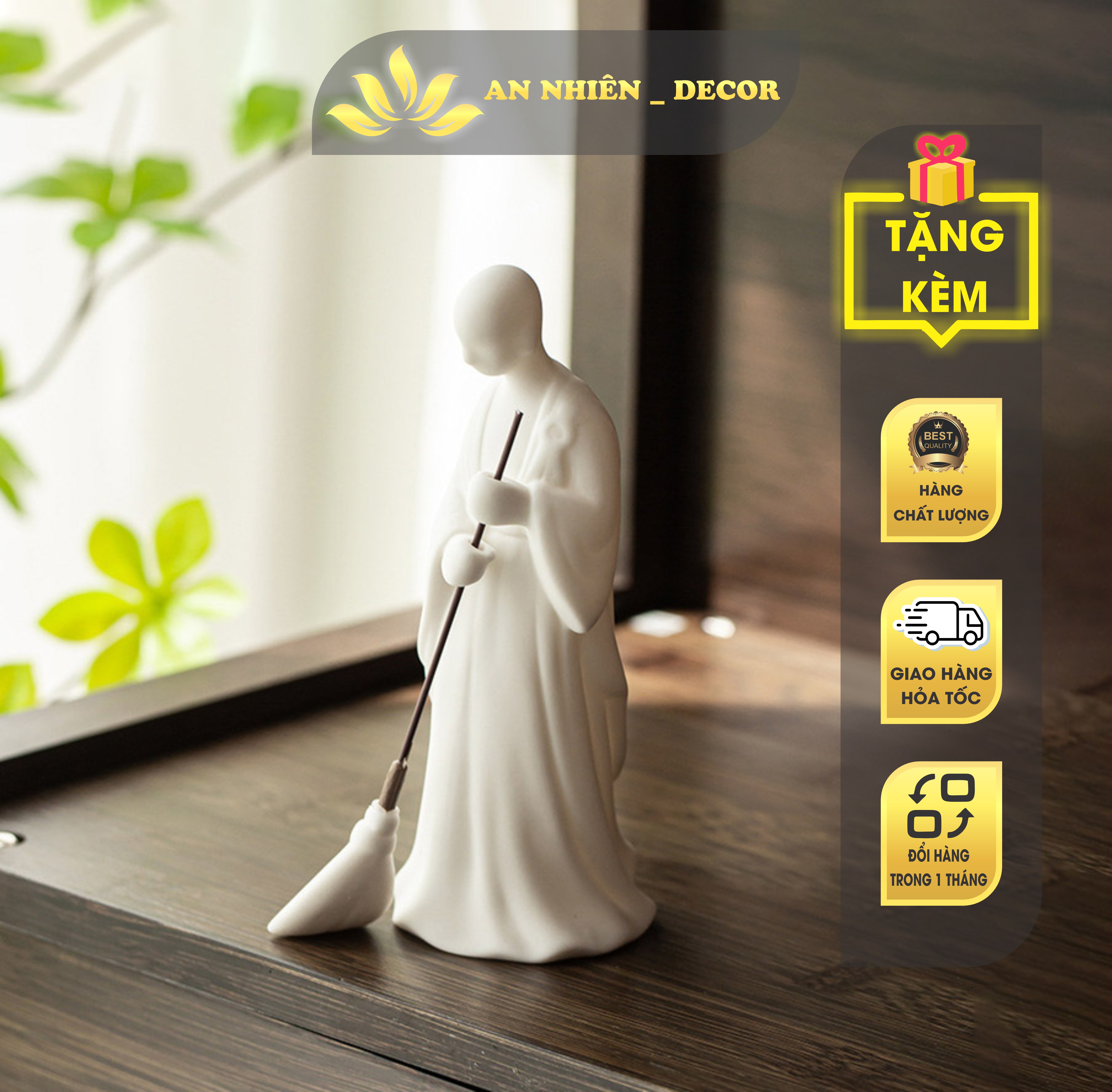Tượng Gốm Nhà Sư Quét Lá - Gốm Tử Sa Trắng Cao Cấp