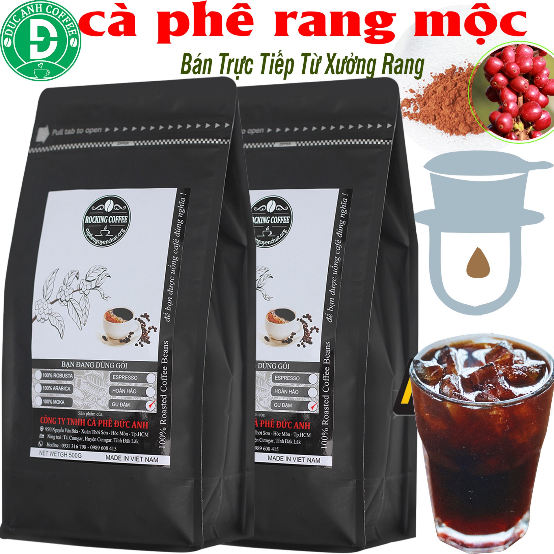 (ĐỘC QUYỀN ONLINE) 1kg cà phê Rang mộc - Gu Đậm hậu ngọt - Thành phần 80% Robusta và 20% Arabica - Dạng bột dùng pha phin - 2 gói zipper 500g - sản phẩm được trực tiếp từ Trang trại công ty cà phê Đức Anh ca phe ban chay