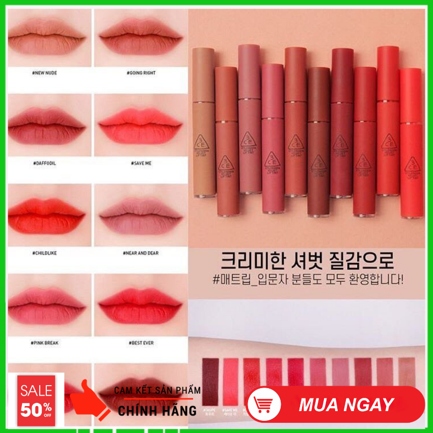 [ SẢN PHẨM MỚI ]  Son 3CE  , Son Lì Lâu Trôi; Son 3CE Thời Thượng; Mềm Mịn Tuyệt Đối Lướt Nhẹ Trên Môi,  Son đậm màu,,Son hoàn toàn không bị bột, không khô, Bảo Hành 1 Đổi 1