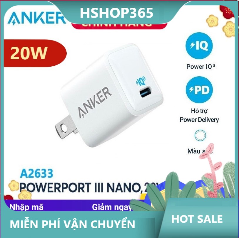 Củ sạc anker powerport iii nano 20w 1 cổng usb-c piq 3.0 tương thích pd - a2633 - hỗ trợ sạc nhanh 20w
