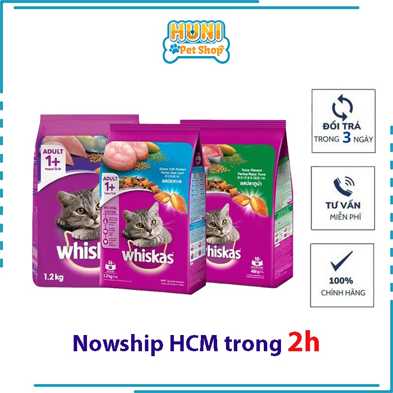 Thức ăn cho mèo Whiskas Adult 1+ hạt cho mèo trưởng thành vị cá thu, cá biển - gói 400g, 1.2kg - Huni Petshop