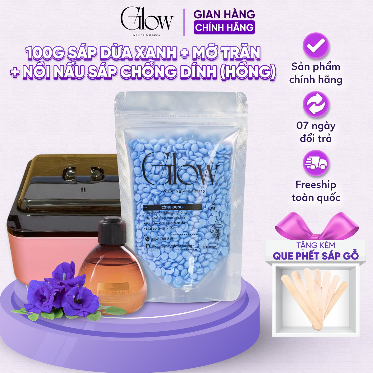 Combo nồi nấu sáp wax lông chống dính glow waxing + 100gr sáp premium + mỡ trăn nstore tặng que