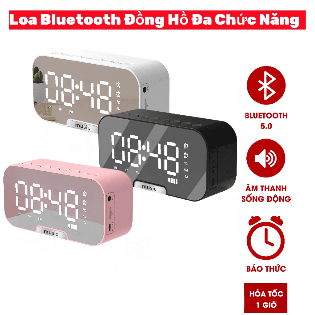 Loa bluetooth đồng hồ cao cấp,loa luetooth đa năng kiêm báo thức,nghe đài FM, màn hình tráng gương hiển thị đèn led