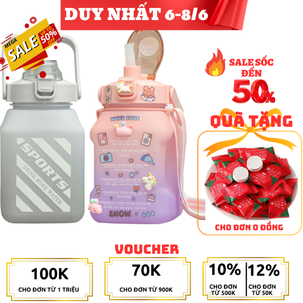 Bình Nước 1300Ml Ống Hút Mềm Bình Nước Giải Khát Ngọt PC Dung Tích Lớn Cho