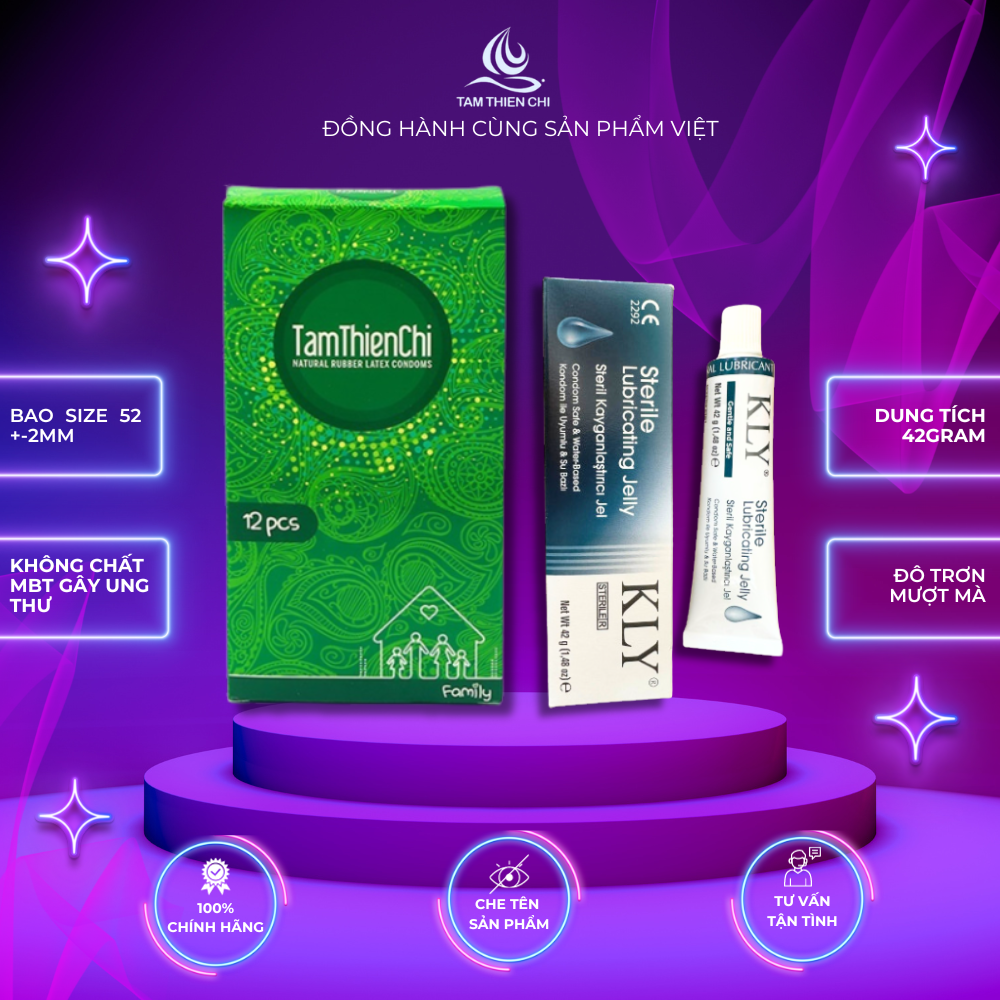 Bao cao su mỏng trơn gia đình Tâm Thiện Chí hộp 12 cái và Gel trơn gốc nước tiệt trùng KLY Thổ Nhĩ Kỳ tuýp 42gr