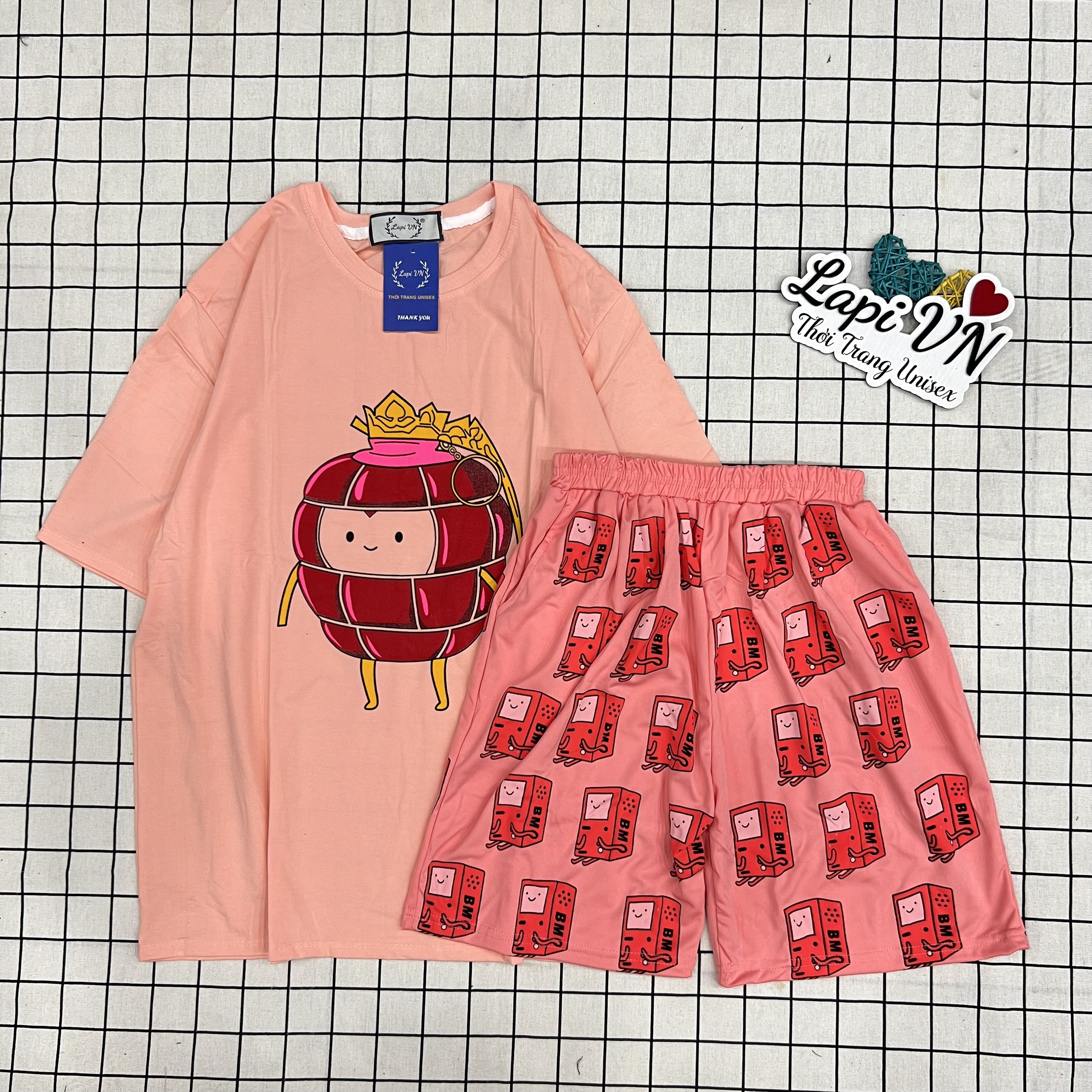 Set Đồ Bộ BMO cartoon 3D Cute DB04- Áo+ Quần Đùi Vải Thun Cotton Thoáng Mát Freesize Đến 65kg, Form unisex, đồ bộ thun mặc nhà