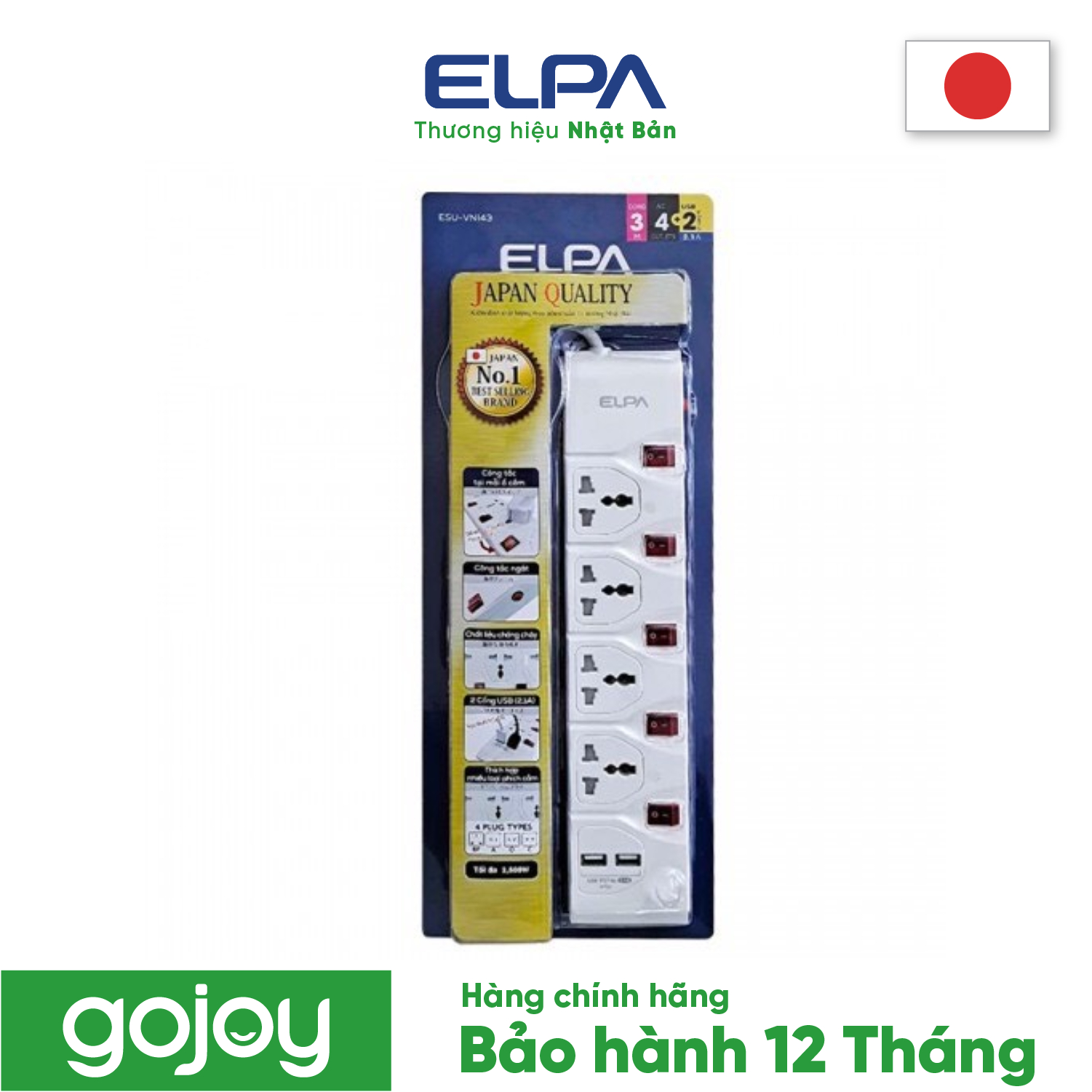 Ổ cắm nhật elpa 4 ổ điện 2 usb dây 3m 5 công tắc elpa esu-vni43 chính hãng