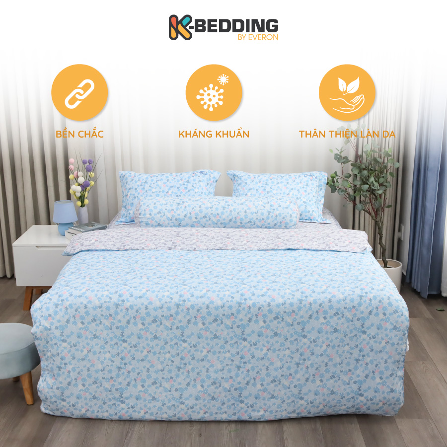 Bộ ga giường chun K-Bedding by Everon KMTP 301 Xanh phối xám - Chất liệu cao cấp MicroTencel thoáng nhẹ không bai xù
