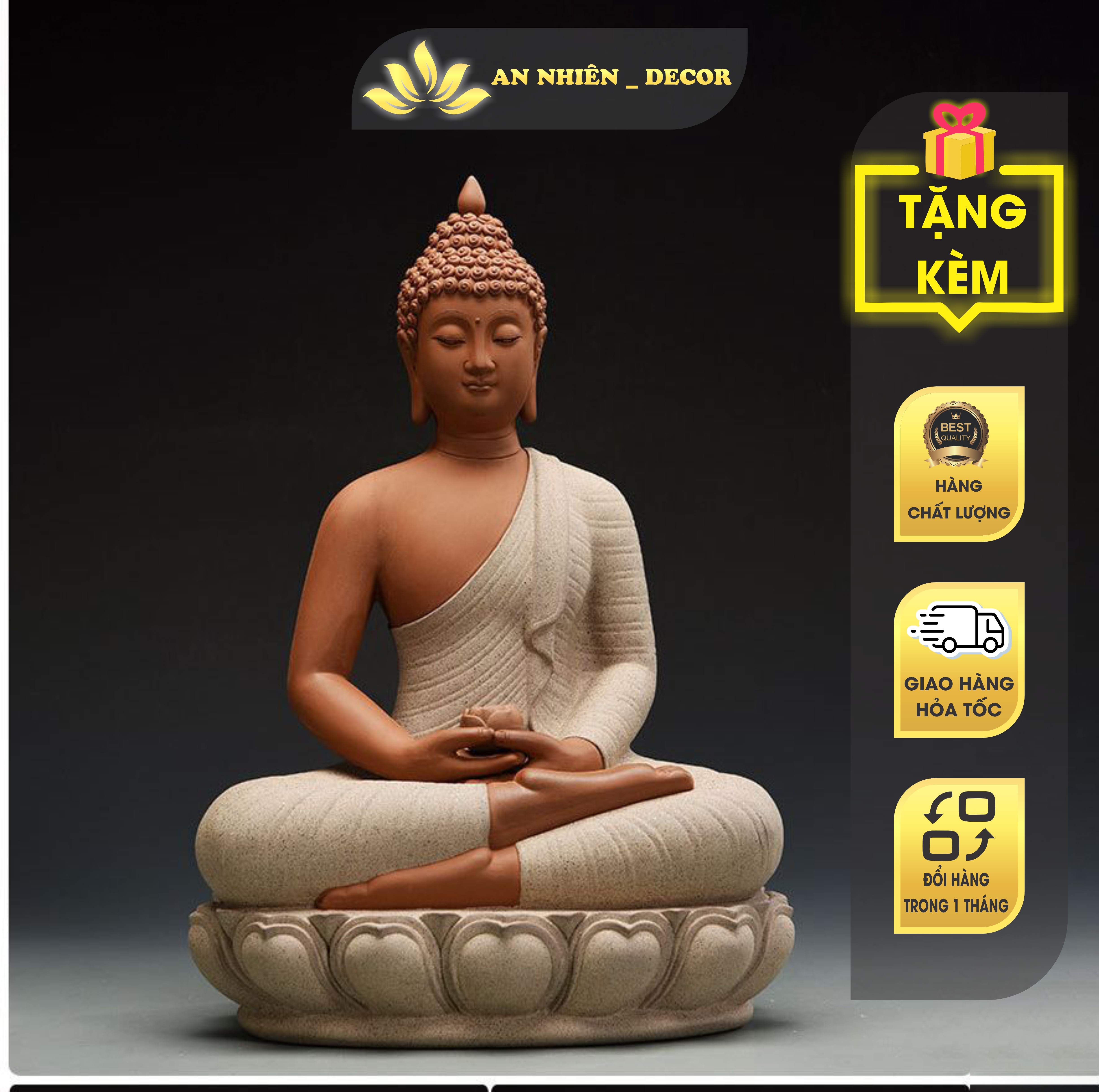 Tượng phật thích ca ngồi đài sen chất liệu gốm tử sa - cao 35cm - tặng kèm 3 phụ kiện