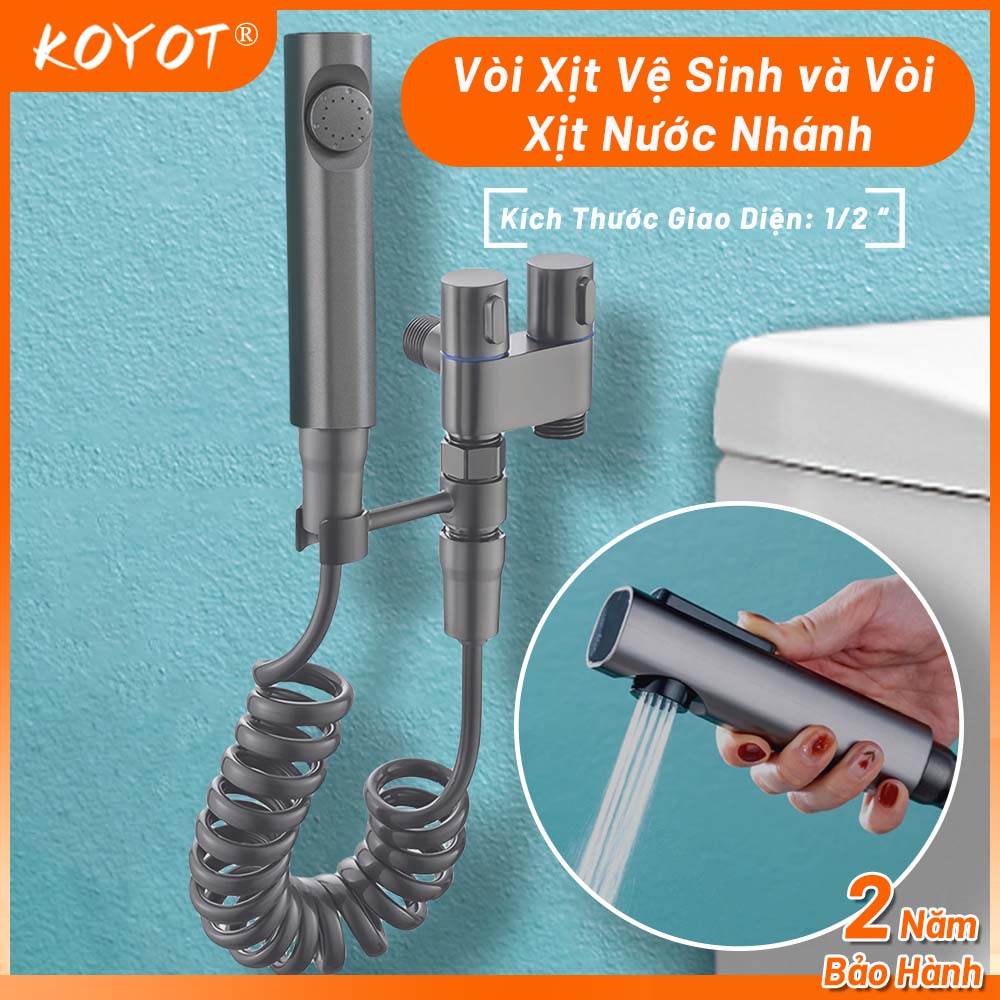 KOYOT Vòi Nước 2 Đầu Ra Có Khoá Độc Lập với Bộ Vòi Xịt Vệ Sinh INOX SUS304 Vòi Máy Giặt Chia 2 Nguồn Nước Kèm Dây Xoắn 1,5m