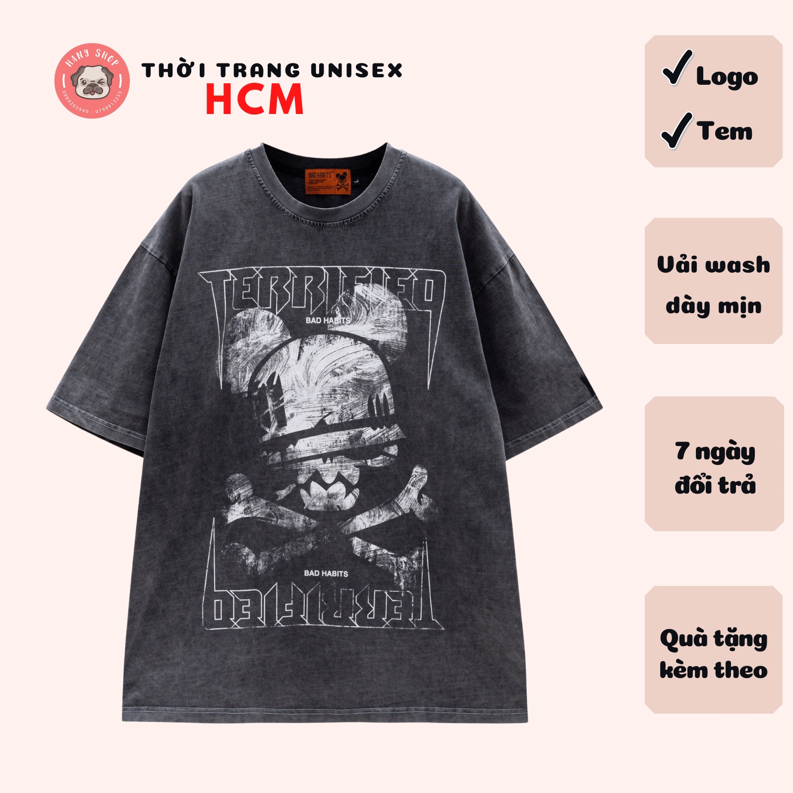  Áo thun tay lỡ form rộng Bad Habits Terrified Washed phong cách unisex cho cả nam nữ vải cotton wash dày dặn full tag AL92 