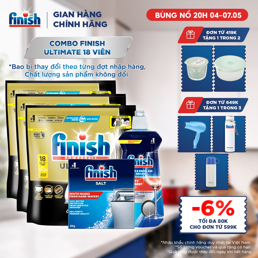 Combo 3 Túi rửa chén Finish Ultimate 18 viên + Nước làm bóng 500ml + Muối rửa chén 2kg