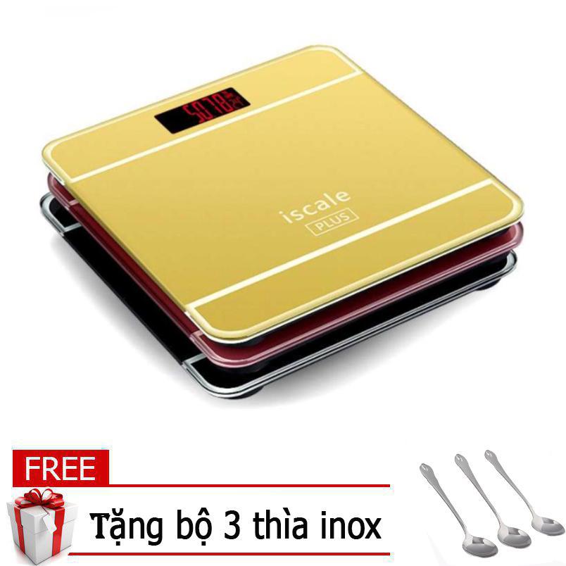 Cân sức khỏe gia đình xịn-Cân điện tử kính cường lực-Cân sức khỏe kiểu Iphone Iscale cho gia đình thân yêu (Màu ngẫu nhiên)-Tặng bộ 3 thìa inox