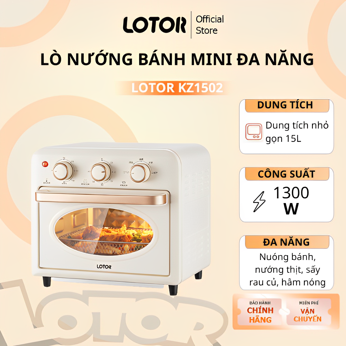 Lò nướng điện đa năng Lotor nồi chiên không dầu KZ1502 dung tích 15L công suất 1300W nướng bánh mì quay thịt Bảo hành 12 Tháng