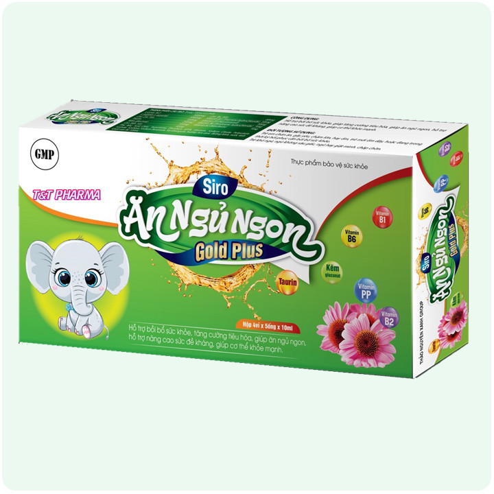 Siro giúp bé Ăn Ngủ Ngon Gold Plus - bổ sung kẽm, taurin, vitamin giúp bé tăng sức đề kháng, tiêu hóa khỏe - Hộp 20 ống x 10ml chuẩn GMP- mẫu con voi hoa