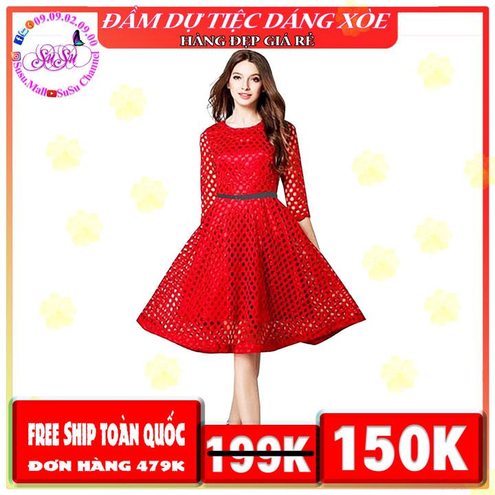 Đầm dự tiệc dáng xòe thiết kế lưới ô vuông sang chảnh