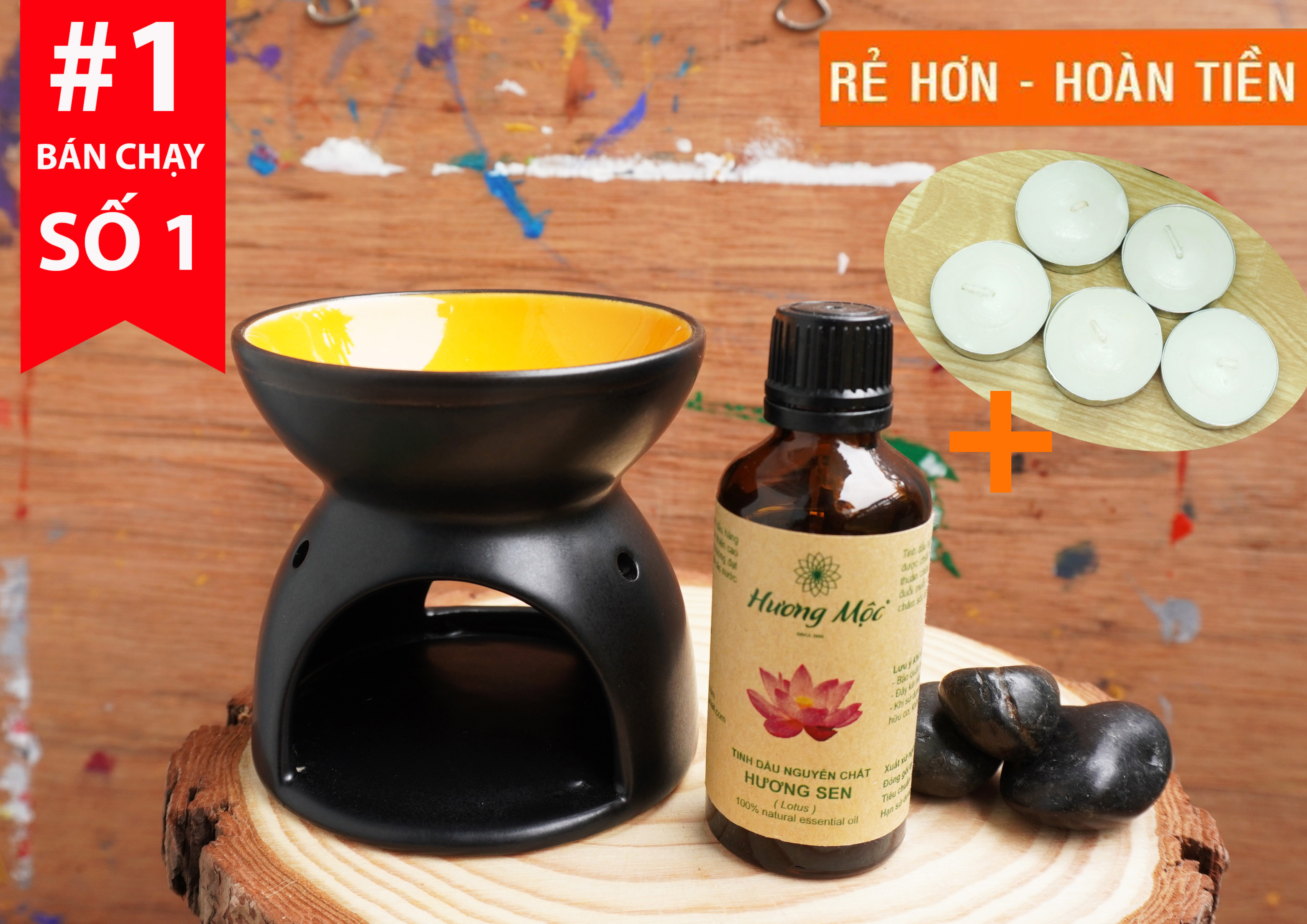Combo 1 đèn xông tinh dầu nến gốm Bát Tràng + 1 tinh dầu Hương Mộc 50ml + 5 nến tealight