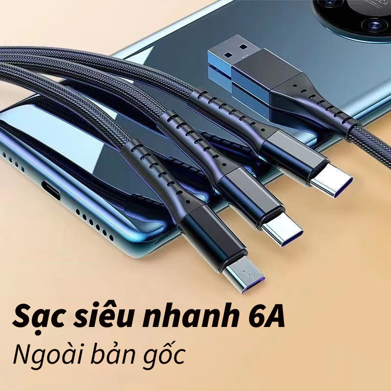 Dây Sạc Tự Ngắt 3 Đầu 100W USB Type C, 3 trong 1 Dài 1,2m Chống Đứt, Chống Rối