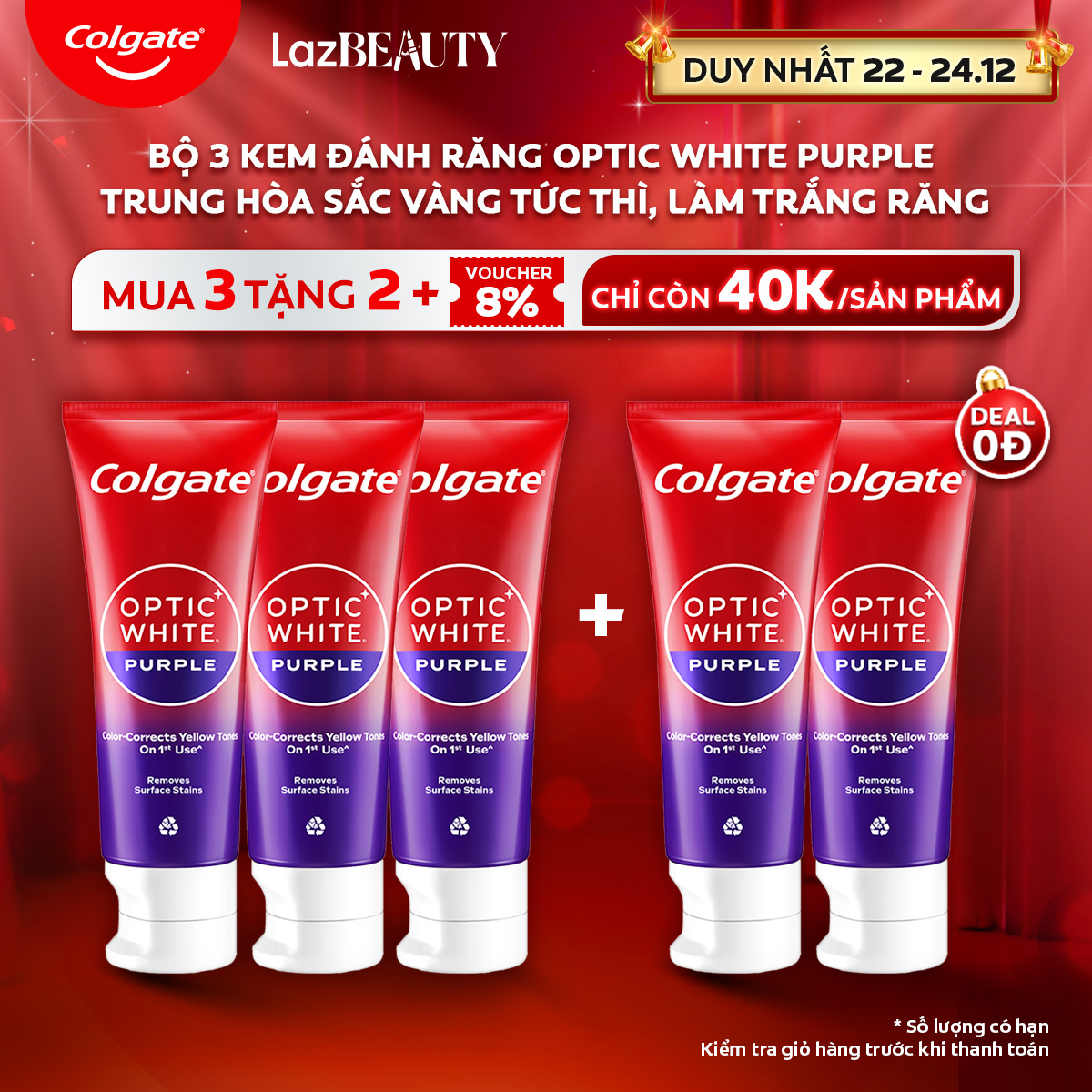 [Chỉ 22 - 24.12_Mua 3 tặng 2 | Chỉ còn 40K/tuýp] Bộ 3 Kem Đánh Răng Colgate trắng răng Optic White Purple 100g - công nghệ sắc tím, hiệu chỉnh sắc vàng trên răng