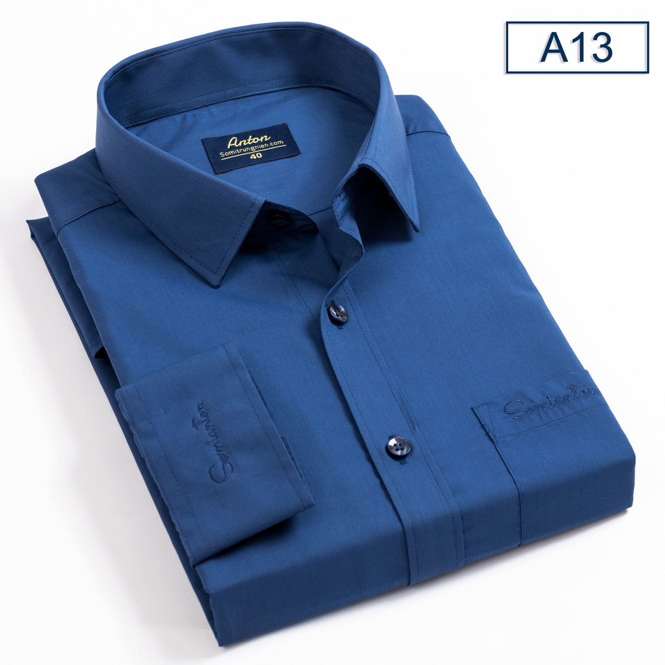 Áo Sơ Mi Nam Công Sở Trung Niên Thương Hiệu Anton Dài Tay Vải Cotton Xanh Đậm Trơn Có Túi -A13
