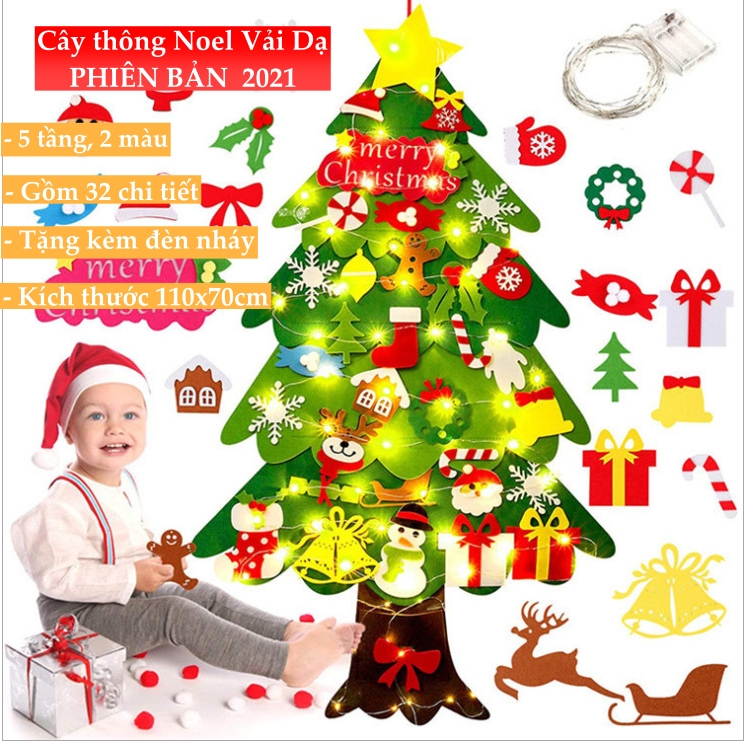 Cây thông noel treo tường cây thông noel vải dạ 5 lớp 32 chi tiết loại 1 tặng đèn nháy 110x70cm