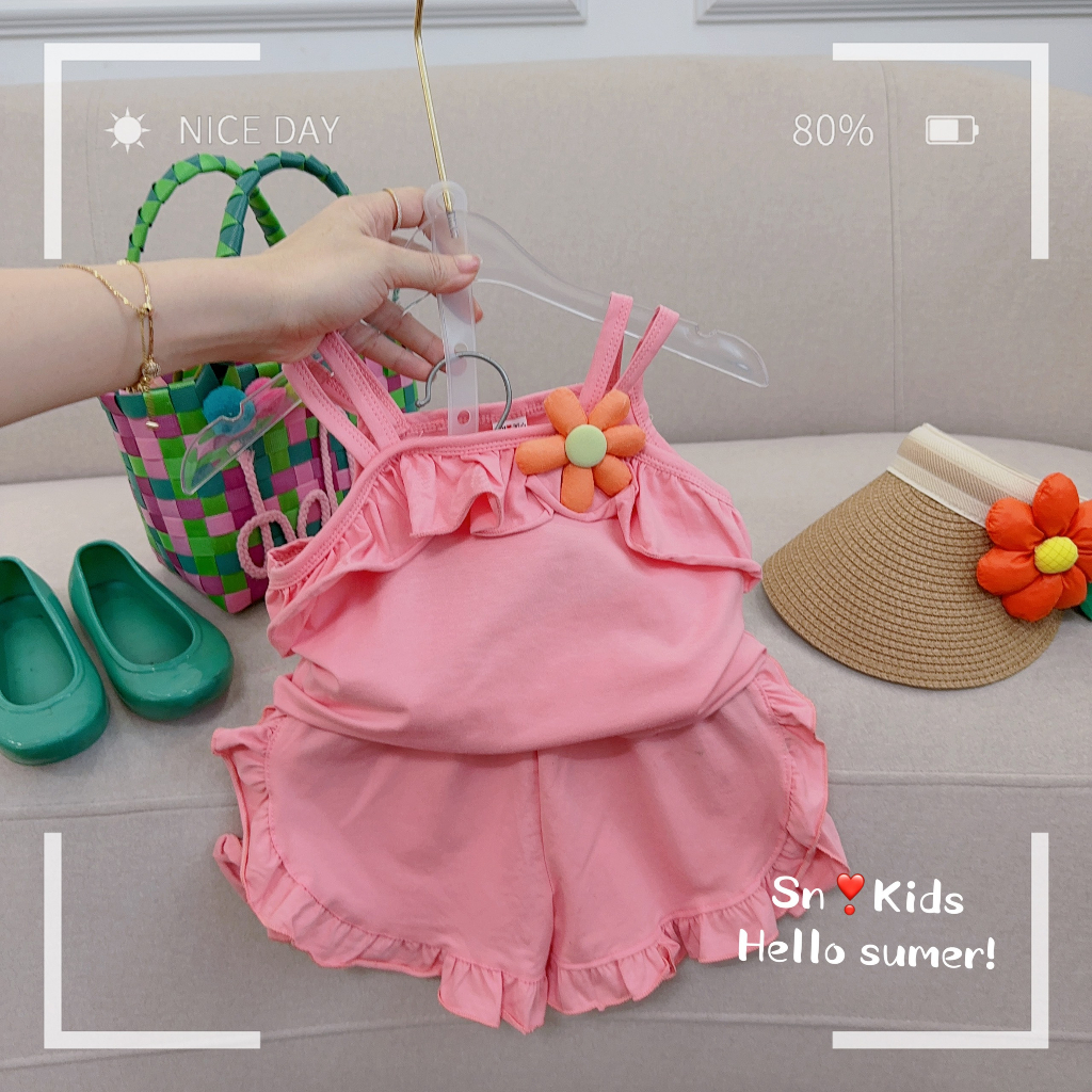 Bộ quần áo bé gái, bộ đồ cho bé 2 dây đính hoa xốp cho bé xinh