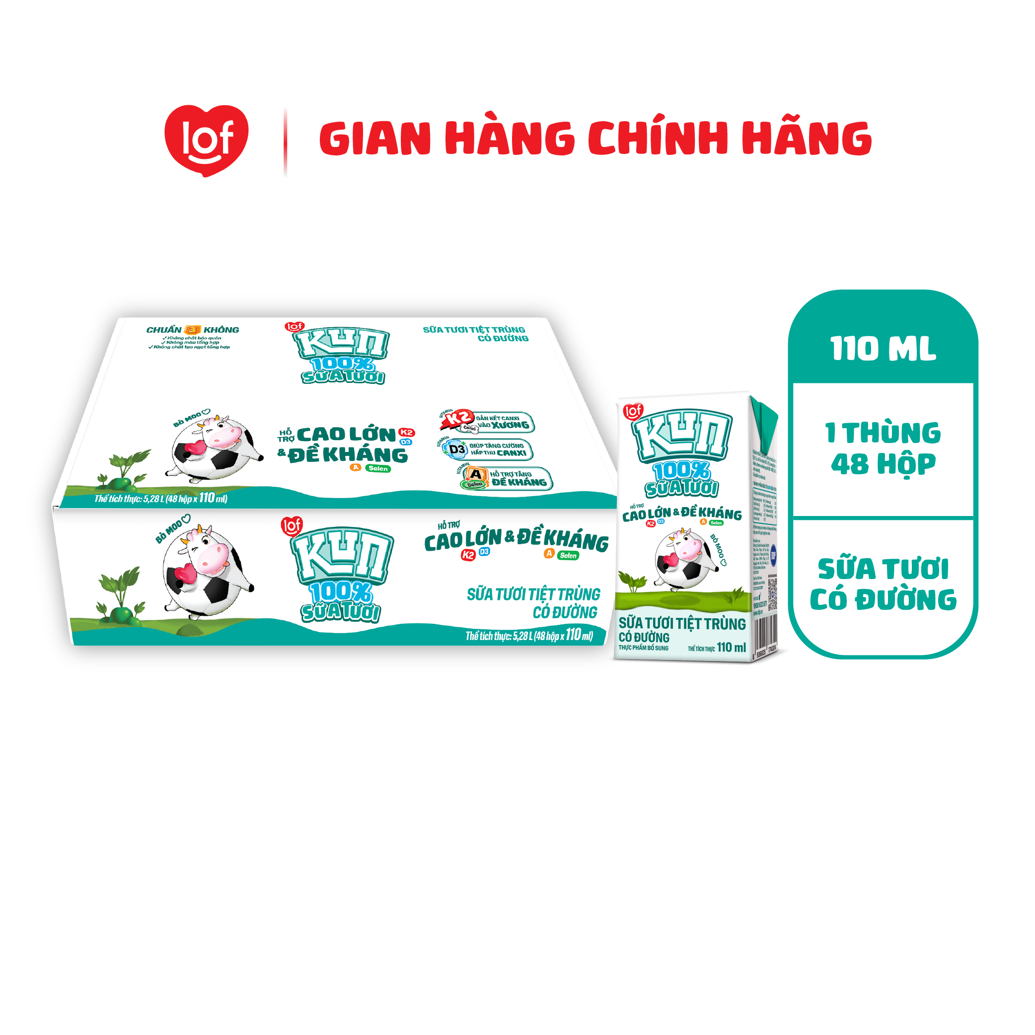KUN 100% Sữa tươi có đường thùng 48 hộp x 110ml