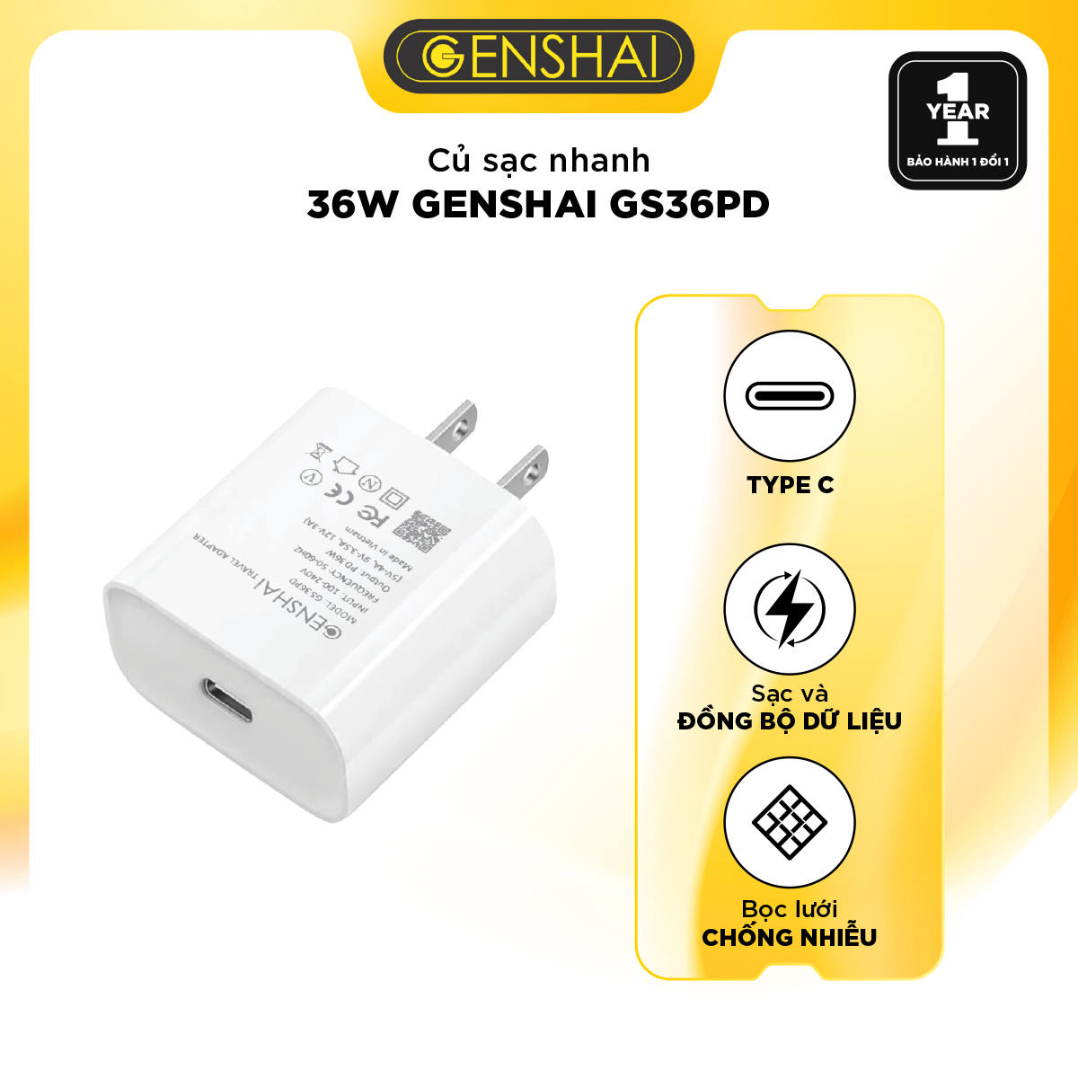 Củ sạc nhanh 36w genshai gs36pd pd&qc 3.0
