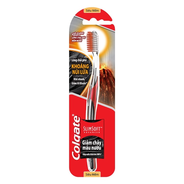 Bàn chải đánh răng Colgate SlimSoft Advanced khoáng núi lửa siêu mềm mảnh chăm sóc nướu 1 cây đơn, Bàn chải Colgate giảm chảy máu nướu núi lửa
