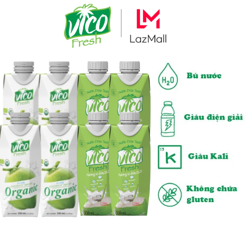 Combo 8 Hộp Nước Dừa Vico Fresh 330ml (4 Dứa, 4 Organic)