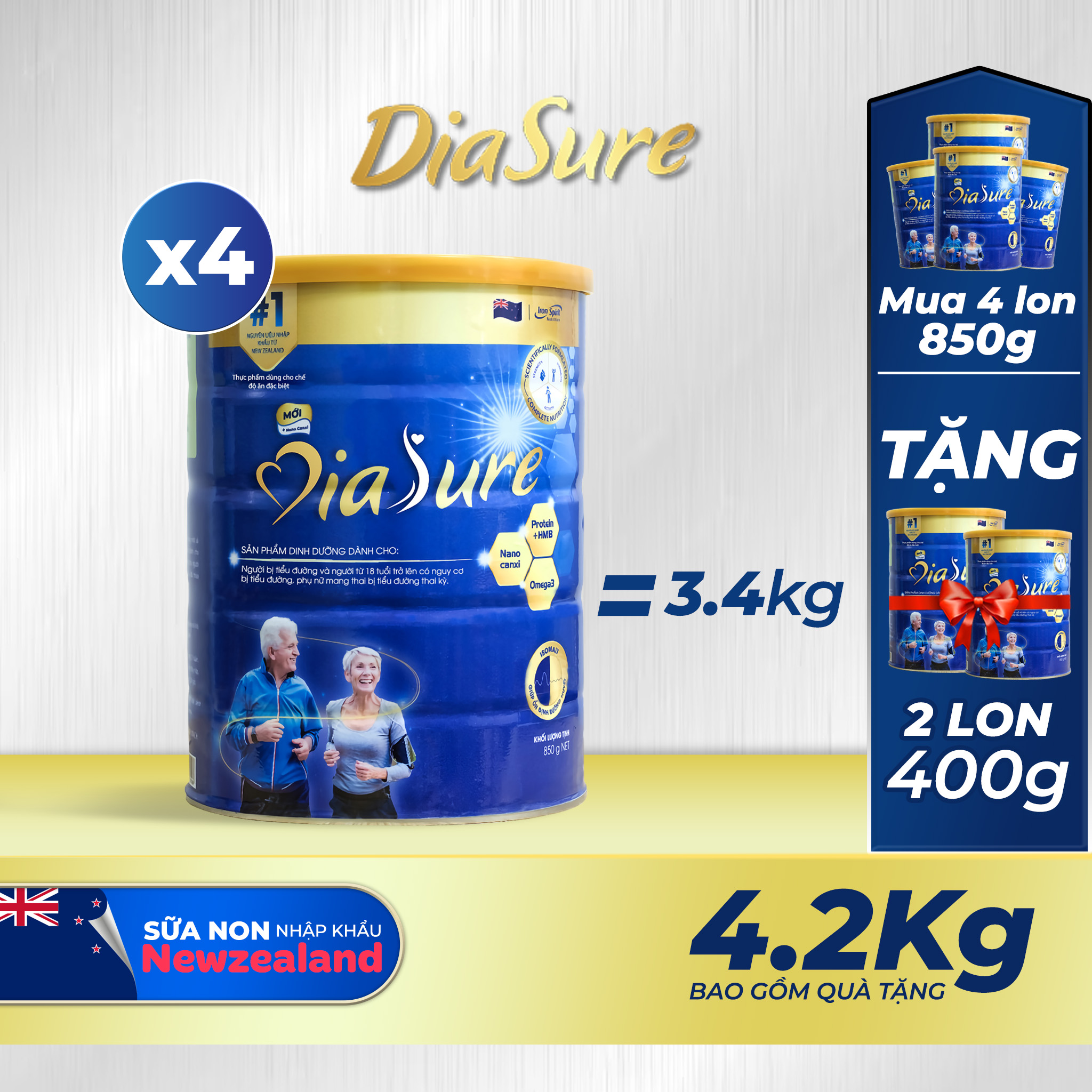 Sữa Non Diasure 850G bổ sung thêm Nano Canxi, Omega3, Protein HMB -Sữa dành cho người tiểu đường