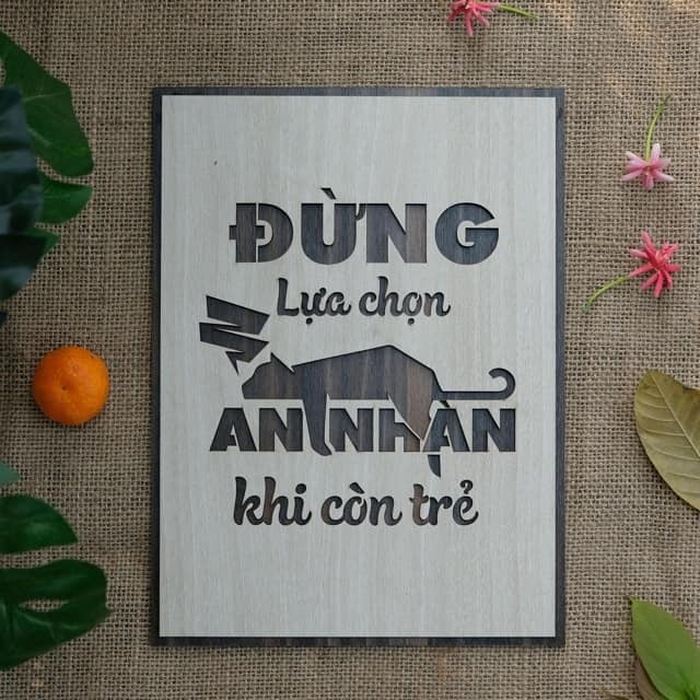 Tranh gỗ treo tường -Đừng chọn an nhàn khi còn trẻ -CRN -01. Kích thước 27x20cm