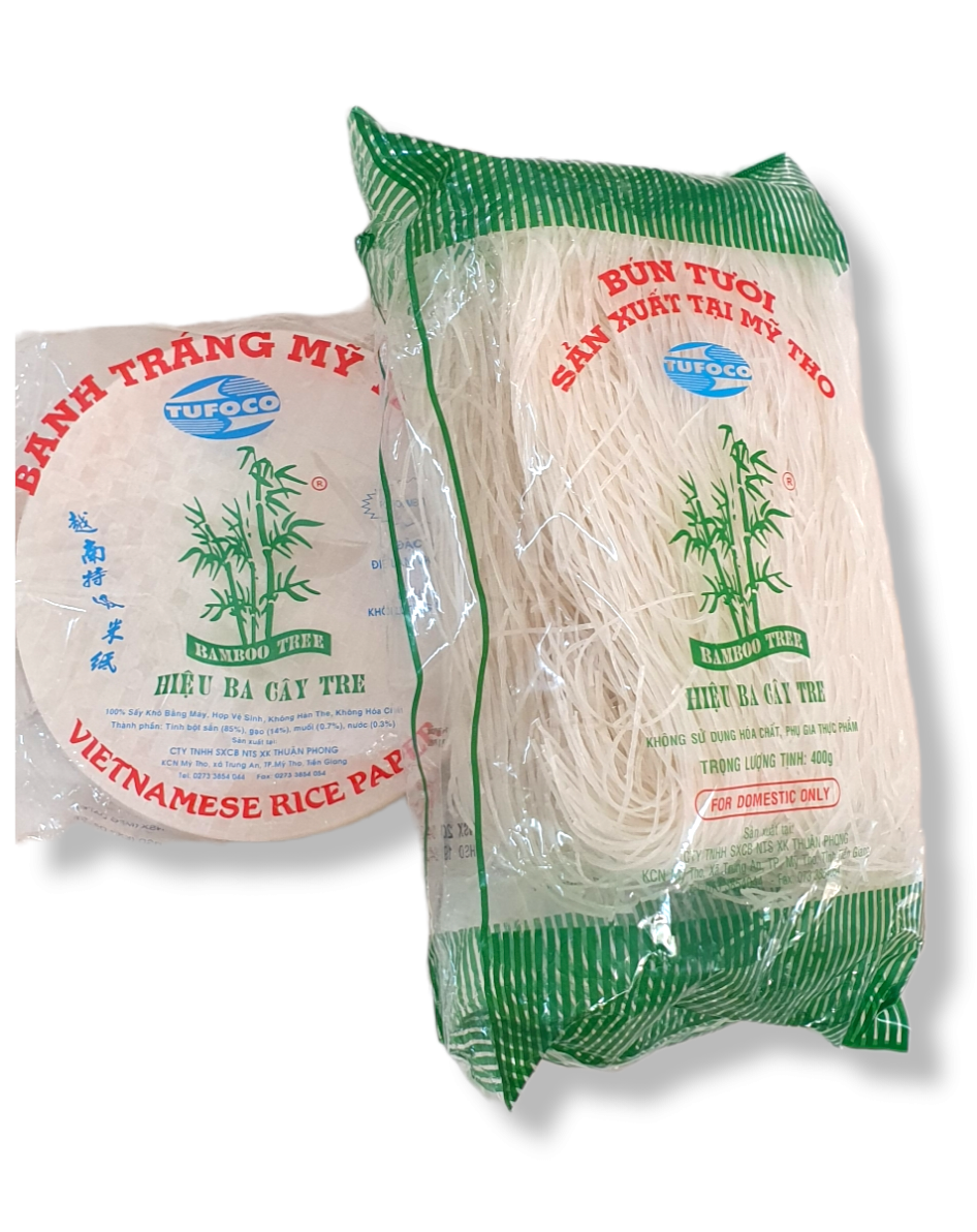 Combo: 1 gói bún tươi sấy khô 400g + 1 gói bánh tráng gởi cuốn 500g hiệu ba cây tre mỹ tho, hàng chuyên xuất khẩu