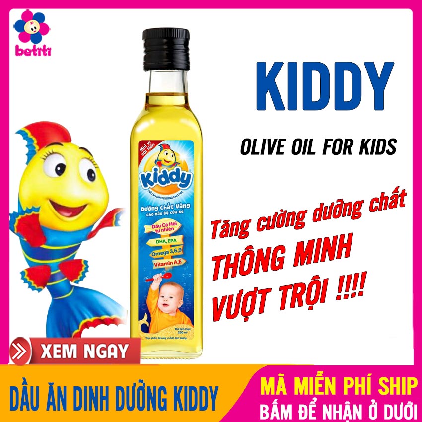 Dầu Ăn Cho Bé KIDDY (250ml) Giàu DHA, Trẻ Thông Minh Hơn, Không Béo, Cho Trẻ Trên 6 Tháng Tuổi - Dầu Ăn DặmCho Bé, Tốt Hơn Dầu Oliu Cho Bé, Dầu Gấc Cho Bé, Dầu Cho Bé Ăn Dặm BETITI - Dầu Ăn Dinh Dưỡng KIDDY Cá Hồi BETITI SHOP