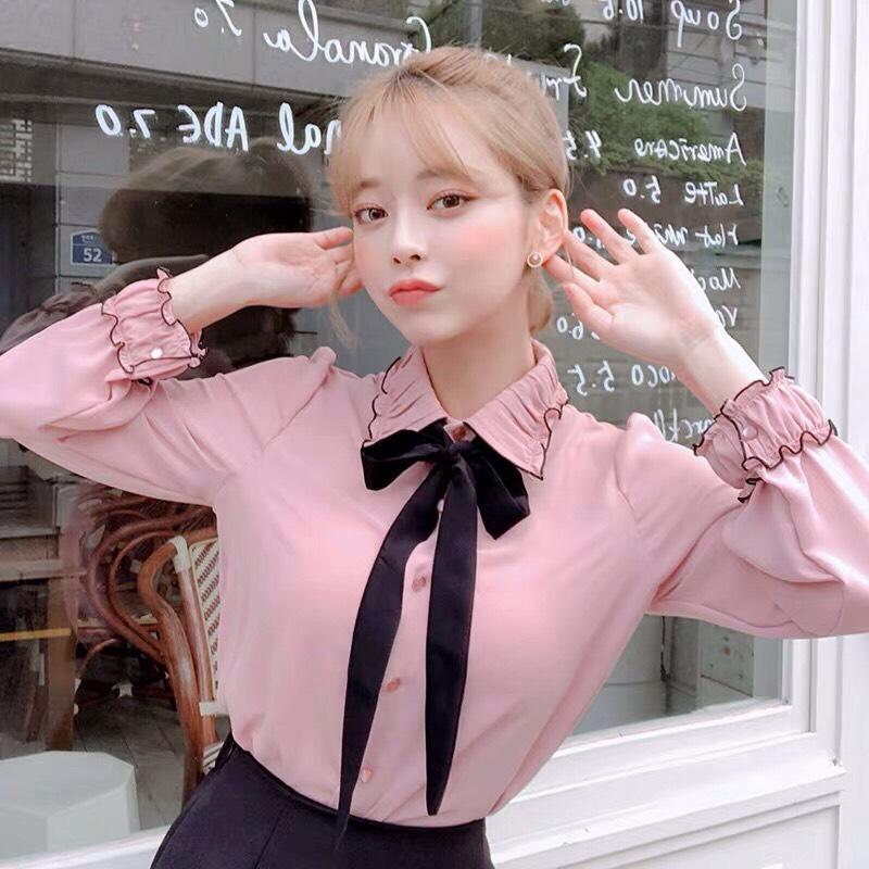 Áo sơmi von phối nơ cổ tiểu thư tts0345