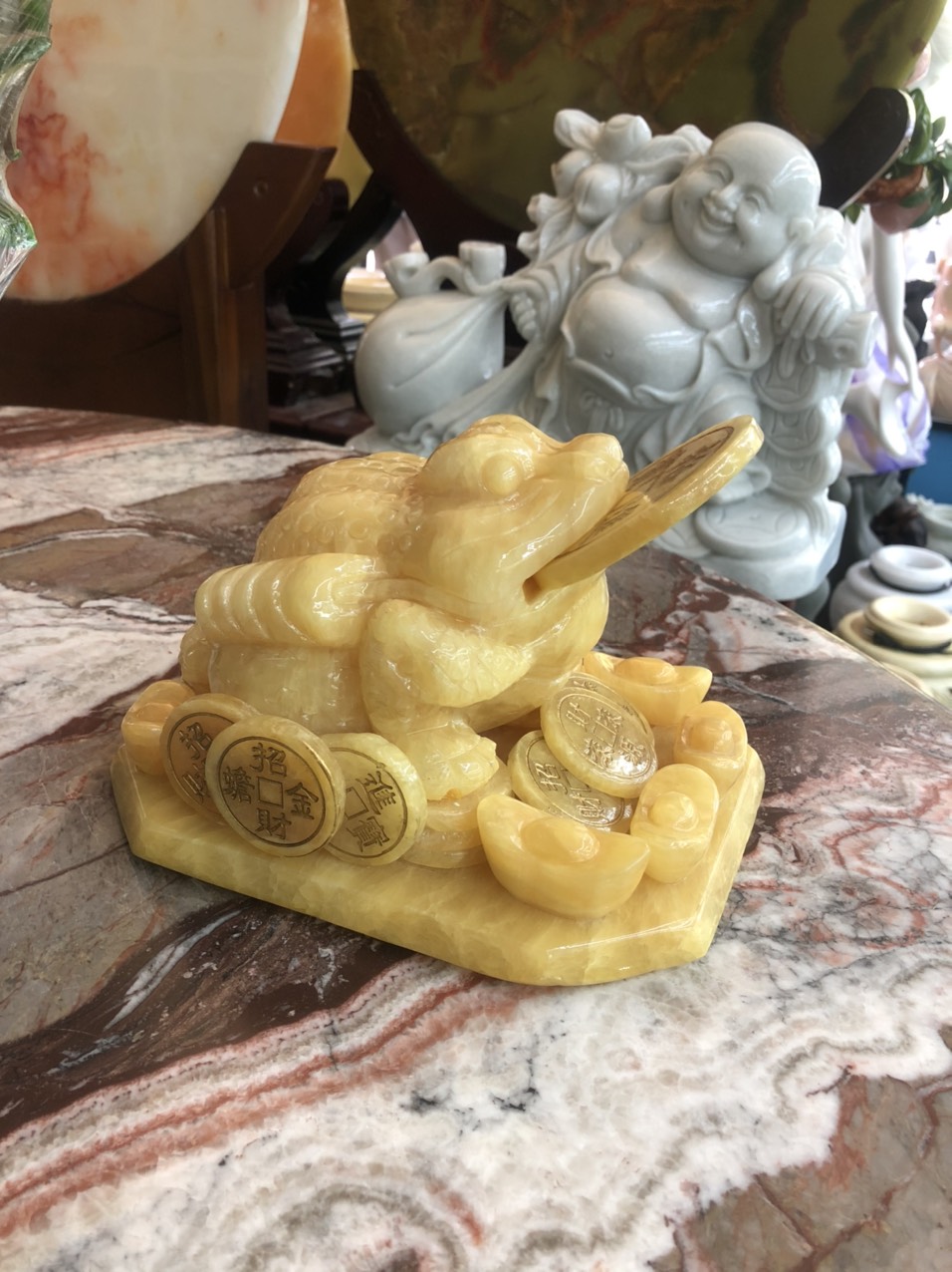 Tượng Cóc Ba Chân, Cóc Ngậm Tiền, Thiềm Thừ phong thủy chiêu tài lộc đá ngọc hoàng long trang trí bàn thờ thần tài thổ địa - Dài 20cm