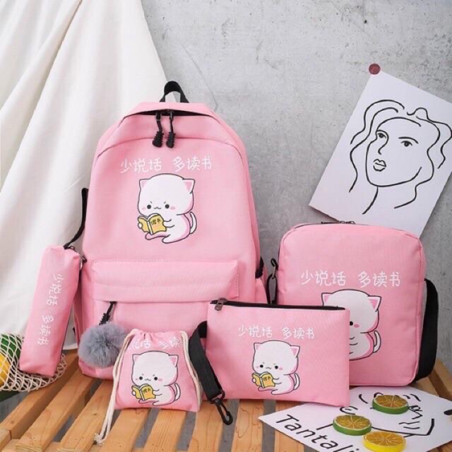 Balo bộ 4 món hình mèo đọc sách