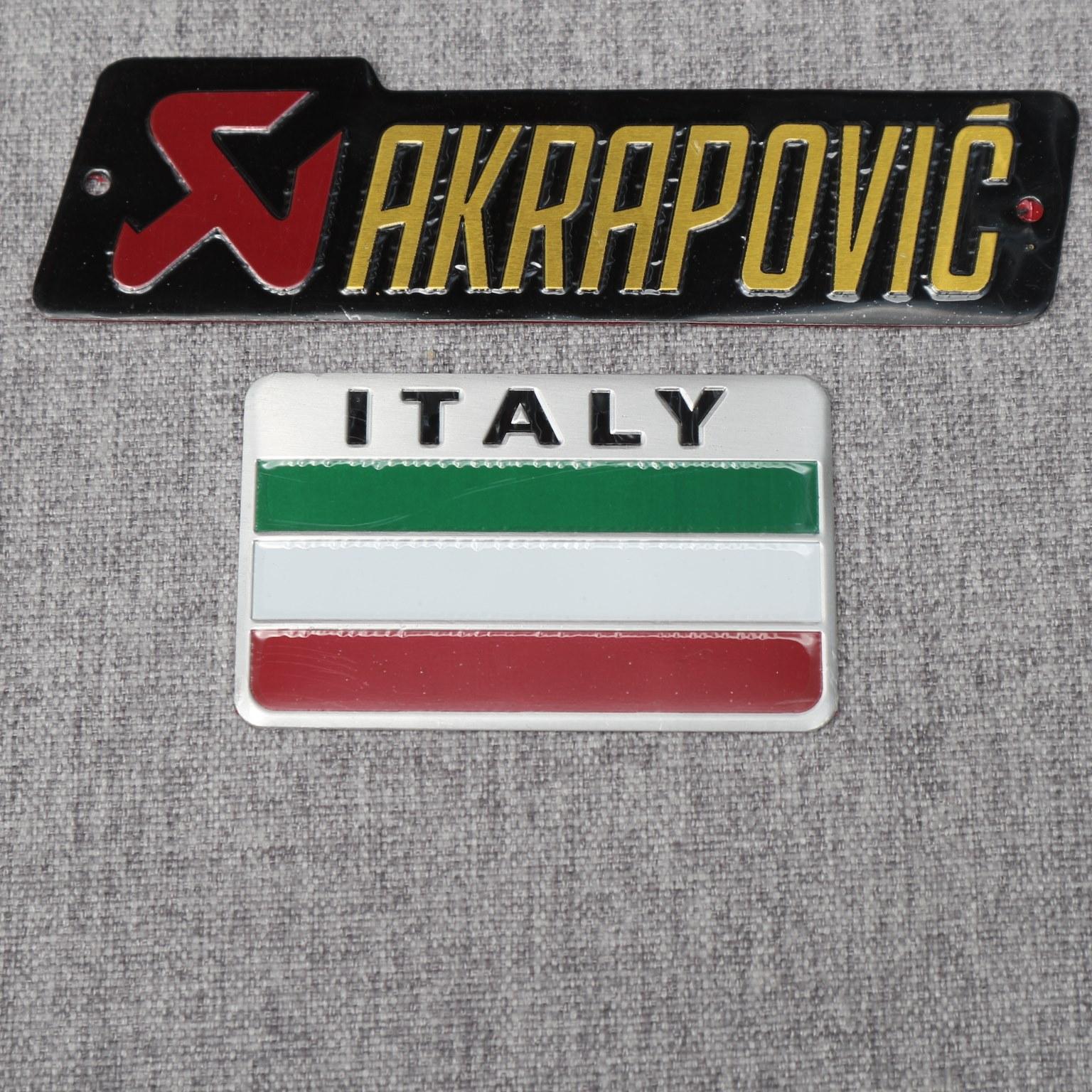 Tem nhôm dán xe logo cờ ý và tem nhôm akrapovic keo 3m siêu dính.