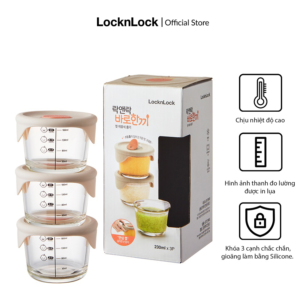 Hộp đựng thức ăn cho bé LockLock có vạch chia 230mlx3 hộp - Nắp màu xám silicone màu hồng nhạt - LLG508S3, nắp silicone