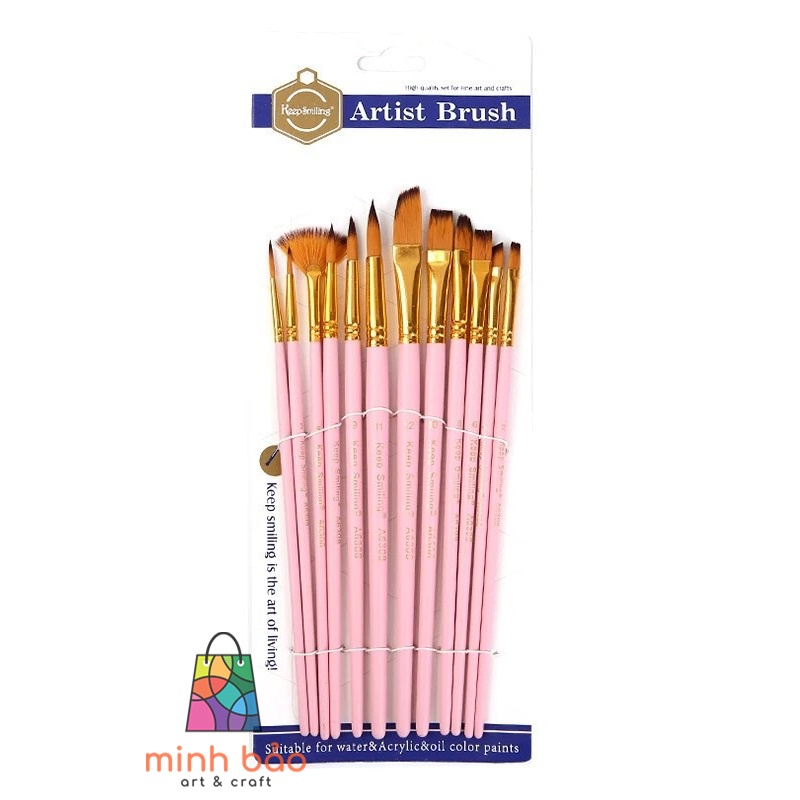 Bộ 12 cây cọ vẽ pastel keep smilling a6308 thân hồng / xanh / đen