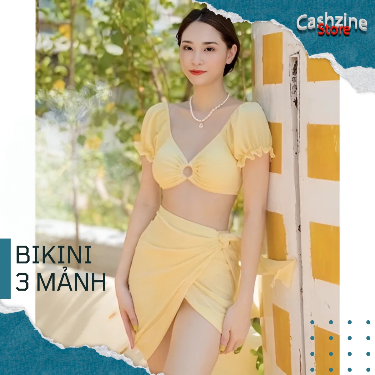 Set 3 món bikini, đồ bơi hai mảnh tay bồng trễ vai phối khoen áo kèm khăn quấn sexy, HOT TREND 2023