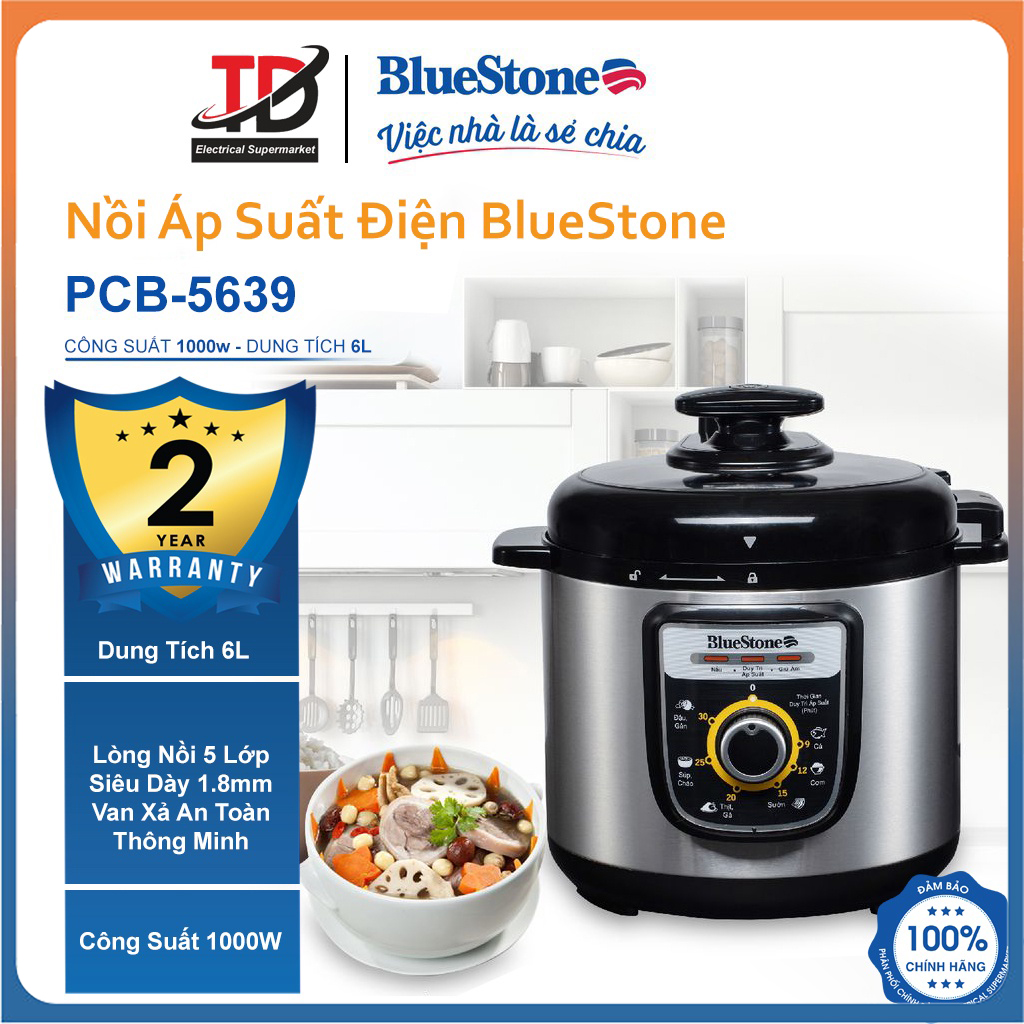 Nồi áp suất điện bluestone pcb-5639, 6lit-1000w , lòng nồi 5 lớp siêu dày , bảo hành chính hãng 2 năm