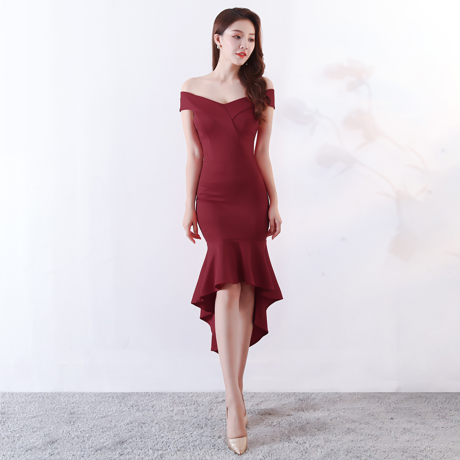 [Mondresses] Trang Phục Nâng Ly, Váy Cưới Đuôi Cá Kiểu Mới Cho Cô Dâu, Váy Dạ Hội Gợi Cảm Màu Đỏ Trễ Vai Dáng Dài Vừa Mùa Xuân