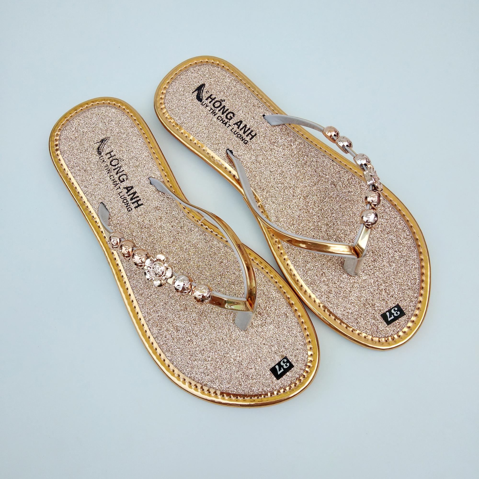 Dép kẹp nữ đế kim tuyến quai gắn bông thời trang