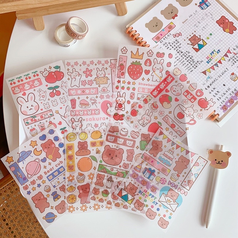 Set 4 Tấm Sticker Decal Trang Trì Đồ Vật Sổ Nhật Ký Hình Gấu Thỏ Dễ Thương