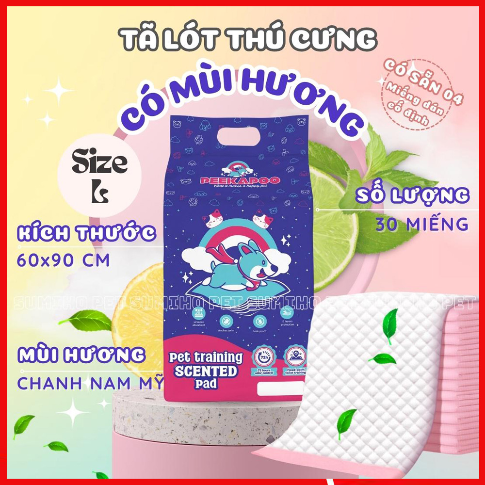 Tã lót cho chó Peekapoo size L 60x90cm (bịch 30 miếng) hương chanh vàng Nam Mỹ