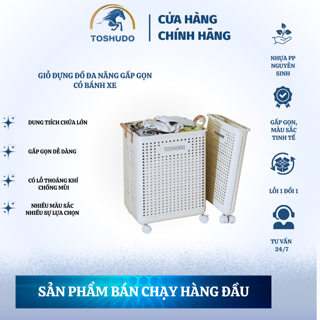 TOSHUDO Giỏ Đựng Quần Áo - Đồ Đa Năng Có Bánh Xe Cỡ Lớn Có Tay Cầm Nhựa ABS Nguyên Sinh