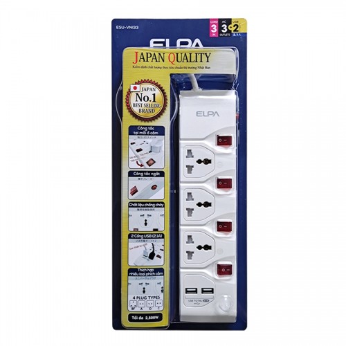 Ổ cắm điện 3 ổ cắm, công tác riêng, 2 cổng sạc elpa esu-vni33